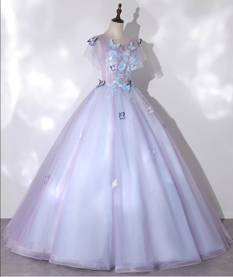 Chic Lilac 3D Butterflies Applique A-Line Short-sleeved Tulle Long Quinceanera Ball Gown TP5216