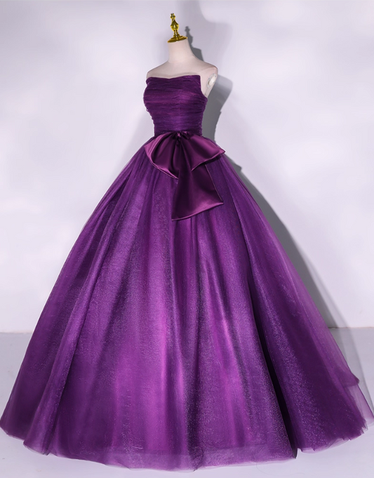 Elegant Strapless Purple Satin Bow Shimmering Tulle Quinceanera Ball Gown TP5223