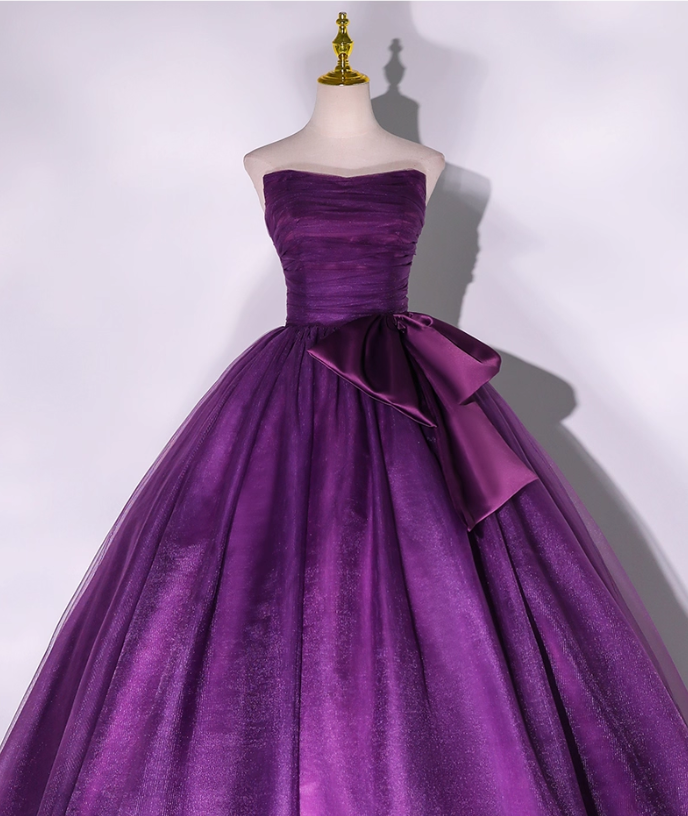 Elegant Strapless Purple Satin Bow Shimmering Tulle Quinceanera Ball Gown TP5223