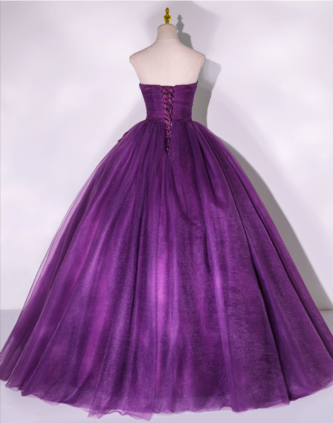 Elegant Strapless Purple Satin Bow Shimmering Tulle Quinceanera Ball Gown TP5223