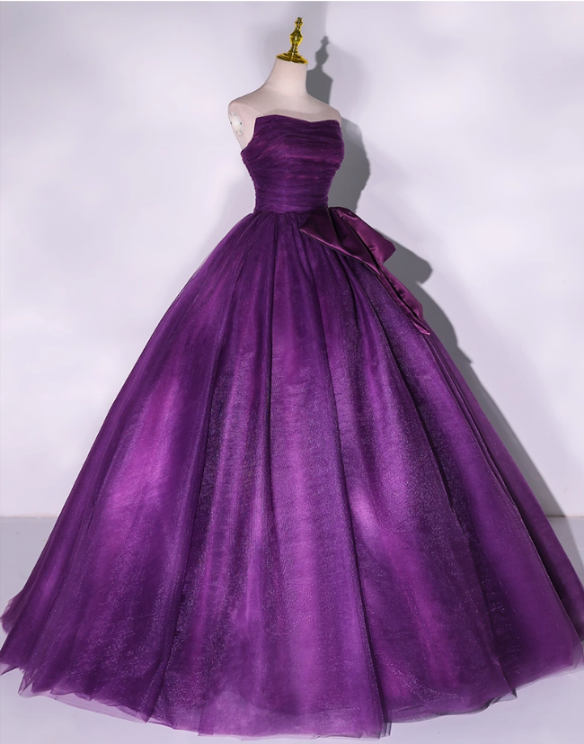 Elegant Strapless Purple Satin Bow Shimmering Tulle Quinceanera Ball Gown TP5223