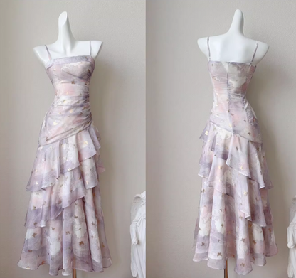 Vintage Lilac Floral Mermaid Spaghetti Strap Evening Dress Long Prom Dress TP4996