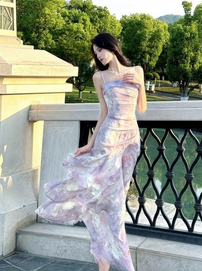 Vintage Lilac Floral Mermaid Spaghetti Strap Evening Dress Long Prom Dress TP4996