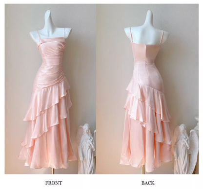 Vintage Pink Spaghetti Strap Evening Dress Satin Sheath Long Prom Dress TP5000