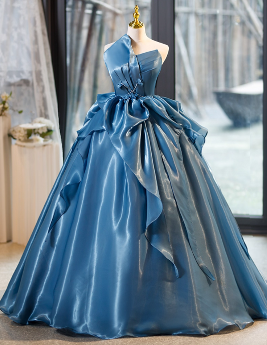 Vintage Blue Satin Sweet 16 Quinceanera A-Line Strapless Evening Dress Ruffled Long Ball Gown TP5003
