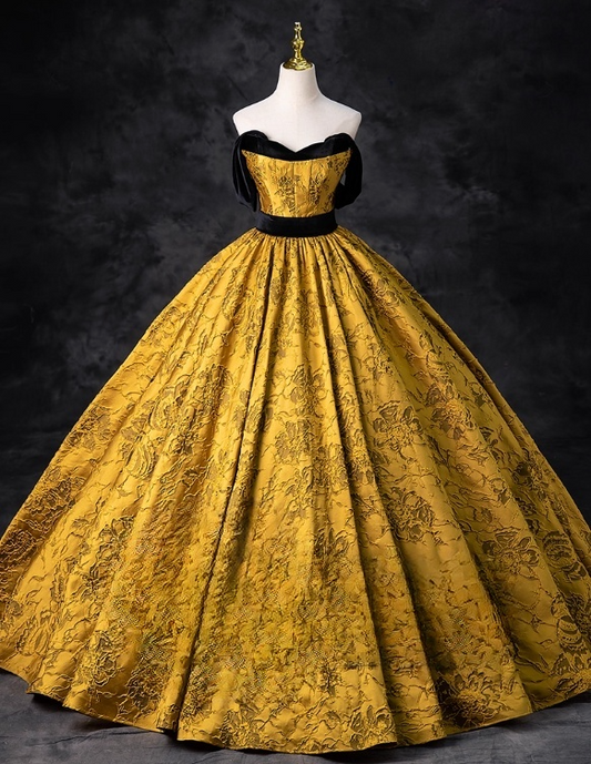 Vintage Royal Yellow Satin Embroidery Sweet 16 Quinceanera A-Line Evening Dress Long Ball Gown TP5005