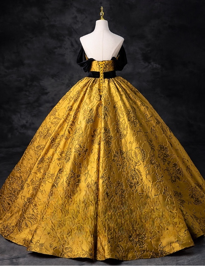 Vintage Royal Yellow Satin Embroidery Sweet 16 Quinceanera A-Line Evening Dress Long Ball Gown TP5005