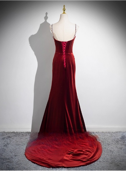 Vintage Burgundy Velvet Spaghetti Strap Evening Dress Sheath 3D Flowers Long Prom Dress TP5006