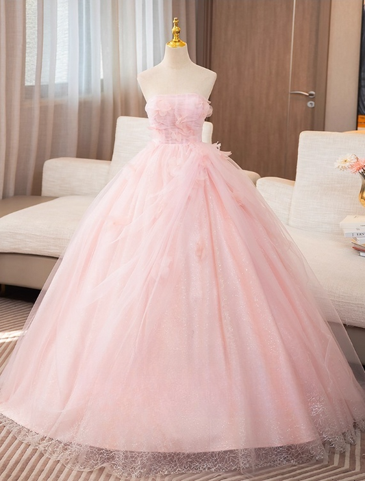 Vintage Pink Tulle Sweet 16 Quinceanera A-Line Strapless Evening Dress Long Ball Gown TP5007