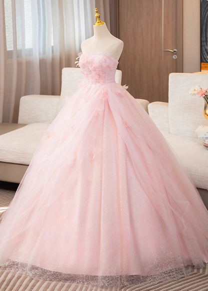 Vintage Pink Tulle Sweet 16 Quinceanera A-Line Strapless Evening Dress Long Ball Gown TP5007