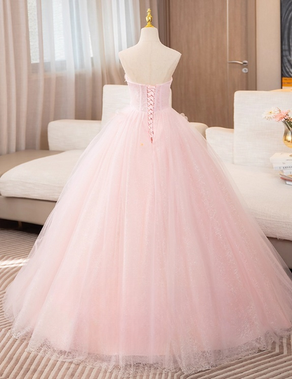 Vintage Pink Tulle Sweet 16 Quinceanera A-Line Strapless Evening Dress Long Ball Gown TP5007