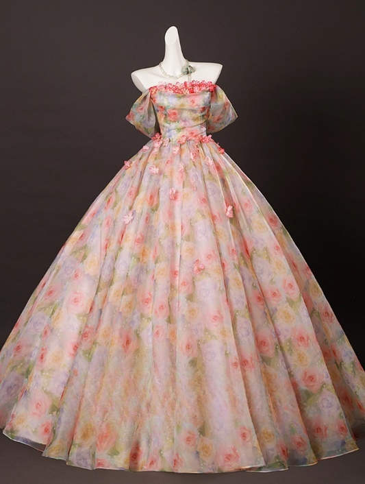 Vintage Floral Tulle Sweet 16 Quinceanera A-Line Off-the-shoulder Evening Dress Long Ball Gown TP5008