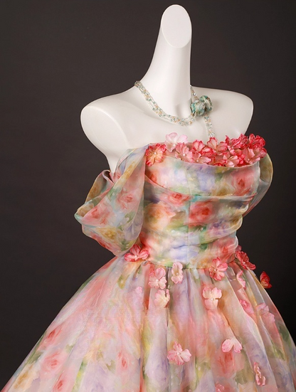Vintage Floral Tulle Sweet 16 Quinceanera A-Line Off-the-shoulder Evening Dress Long Ball Gown TP5008