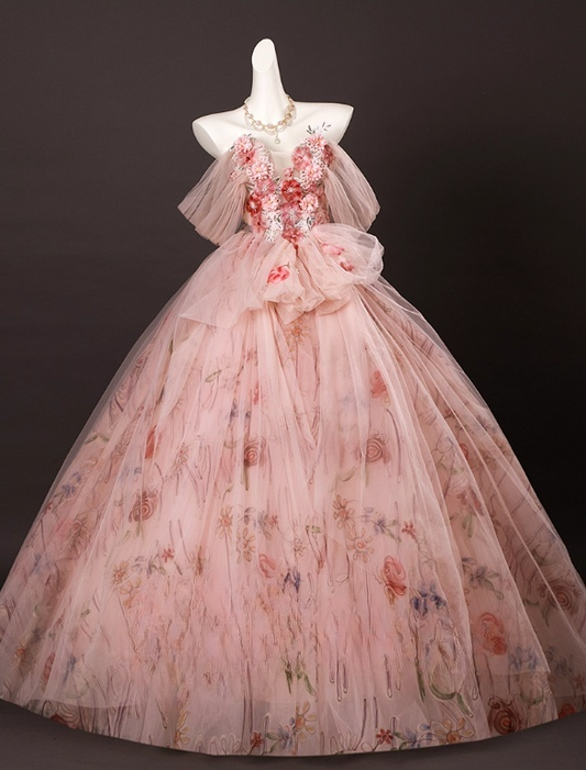 Vintage Pink Floral Applique Tulle Sweet 16 Quinceanera A-Line Off-the-shoulder Evening Dress Long Ball Gown TP5009