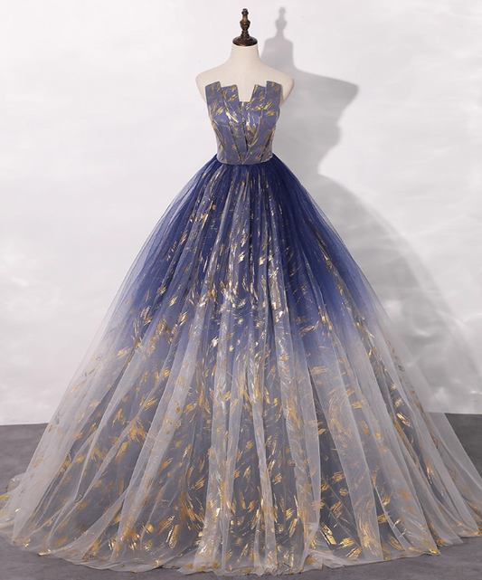 Vintage Gradient Navy Blue Tulle Sweet 16 Quinceanera A-Line Strapless Evening Dress Long Ball Gown TP5010