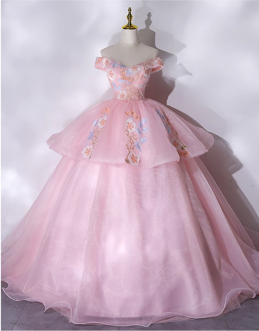 Vintage Pink Applique Tulle Sweet 16 Quinceanera A-Line Off-the-shoulder Evening Dress Long Ball Gown TP5012