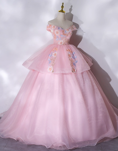 Vintage Pink Applique Tulle Sweet 16 Quinceanera A-Line Off-the-shoulder Evening Dress Long Ball Gown TP5012