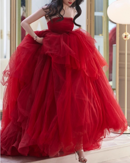 Vintage Red Tulle Sweet 16 Quinceanera A-Line Strapless Evening Dress Long Ball Gown TP5013