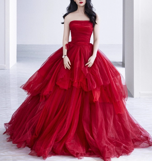 Vintage Red Tulle Sweet 16 Quinceanera A-Line Strapless Evening Dress Long Ball Gown TP5013
