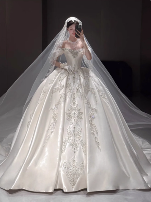Vintage White Satin Beaded Applique A-Line Off-the-shoulder Long Wedding Dress TP5025