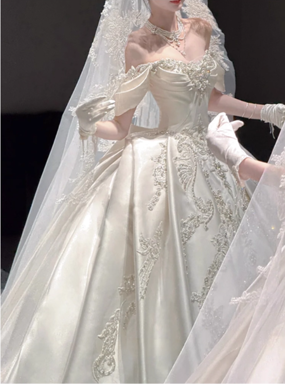 Vintage White Satin Beaded Applique A-Line Off-the-shoulder Long Wedding Dress TP5025