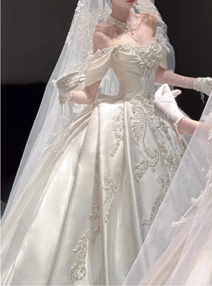 Vintage White Satin Beaded Applique A-Line Off-the-shoulder Long Wedding Dress TP5025