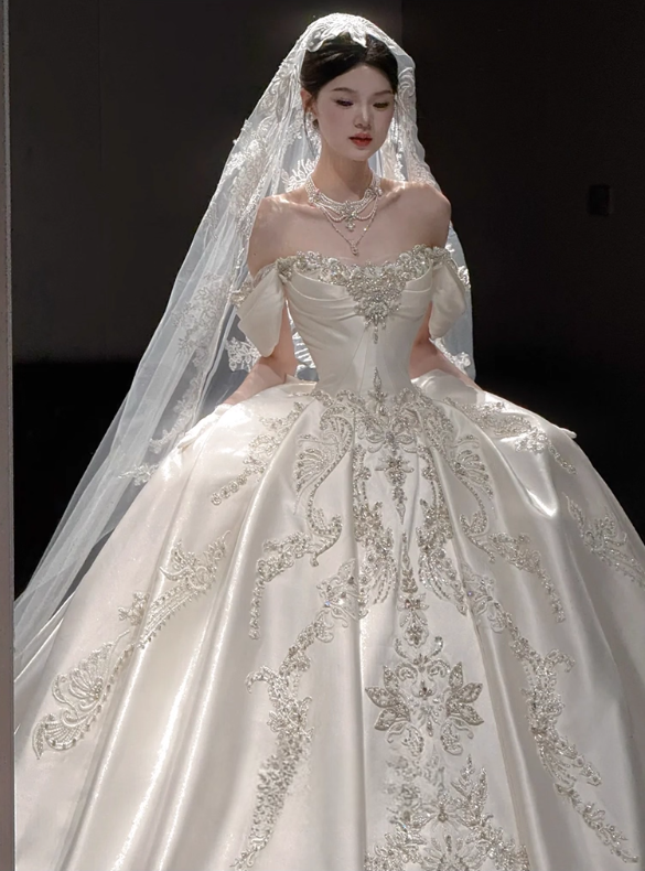 Vintage White Satin Beaded Applique A-Line Off-the-shoulder Long Wedding Dress TP5025