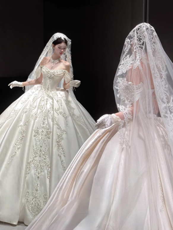 Vintage White Satin Beaded Applique A-Line Off-the-shoulder Long Wedding Dress TP5025