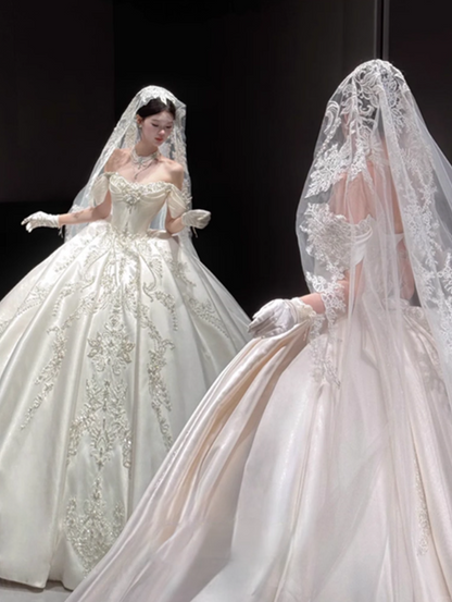 Vintage White Satin Beaded Applique A-Line Off-the-shoulder Long Wedding Dress TP5025