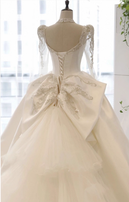 Vintage White Satin A-Line Lace Long-sleeved Wedding Dress TP5026