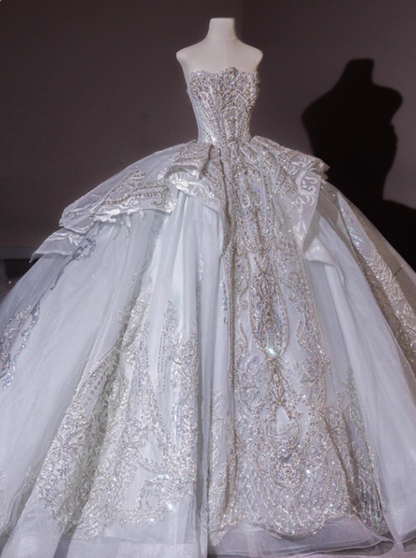 Vintage Glittering Beaded A-Line Strapless Tulle Wedding Dress TP5027