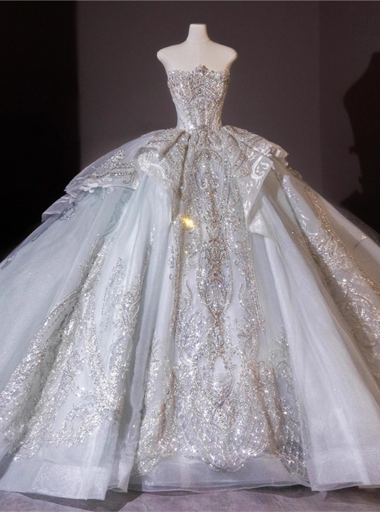 Vintage Glittering Beaded A-Line Strapless Tulle Wedding Dress TP5027