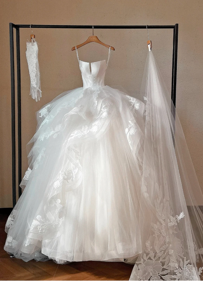Gorgeous White Applique Strapless A-Line Tulle Long Wedding Dress TP5034