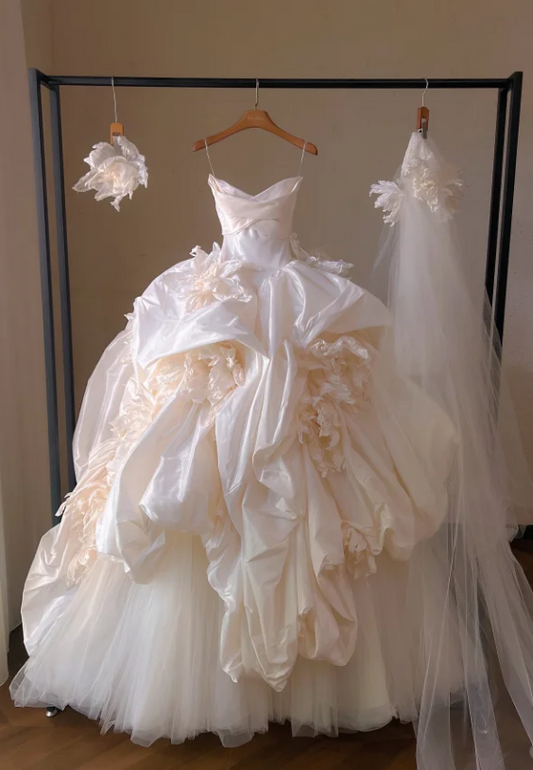 Gorgeous Ivory 3D Flowers Strapless A-Line Satin Long Wedding Dress TP5035