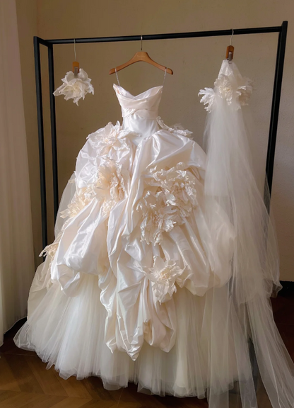 Gorgeous Ivory 3D Flowers Strapless A-Line Satin Long Wedding Dress TP5035