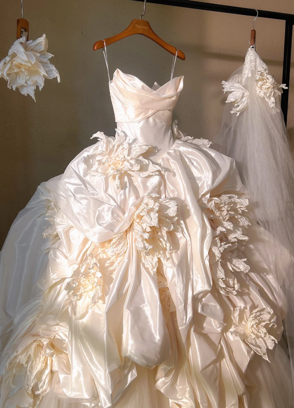 Gorgeous Ivory 3D Flowers Strapless A-Line Satin Long Wedding Dress TP5035