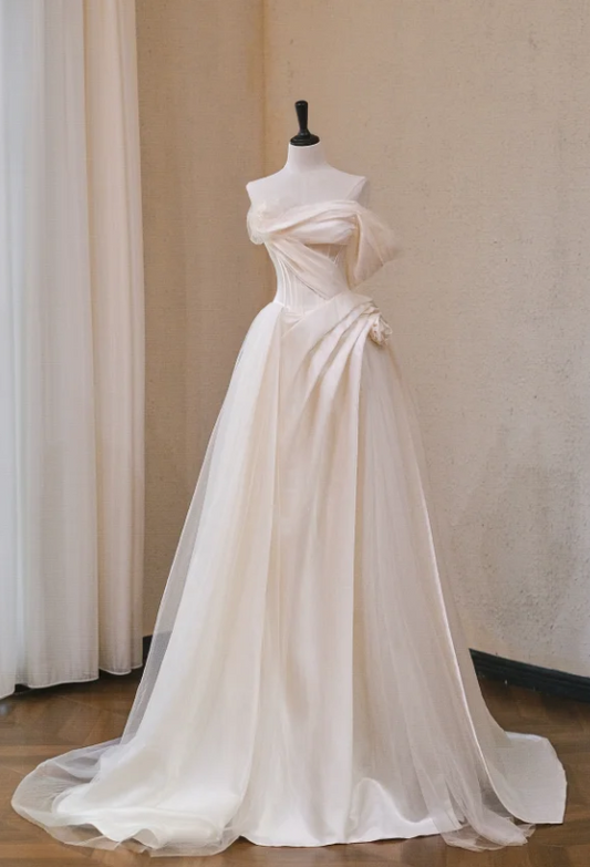 Gorgeous Ivory Satin Off-the-shoulder A-Line Long Wedding Dress TP5036