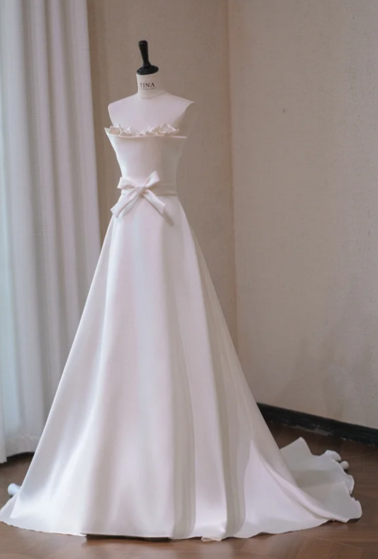Gorgeous White Satin A-Line Ribbon Bow Strapless Long Wedding Dress TP5041