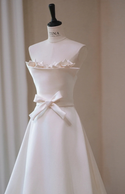 Gorgeous White Satin A-Line Ribbon Bow Strapless Long Wedding Dress TP5041