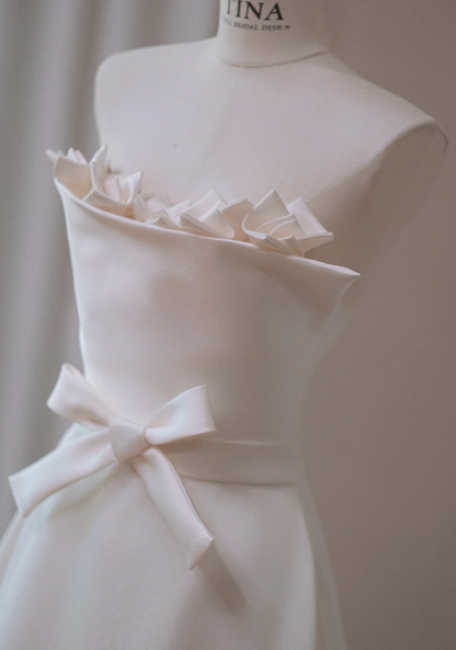 Gorgeous White Satin A-Line Ribbon Bow Strapless Long Wedding Dress TP5041