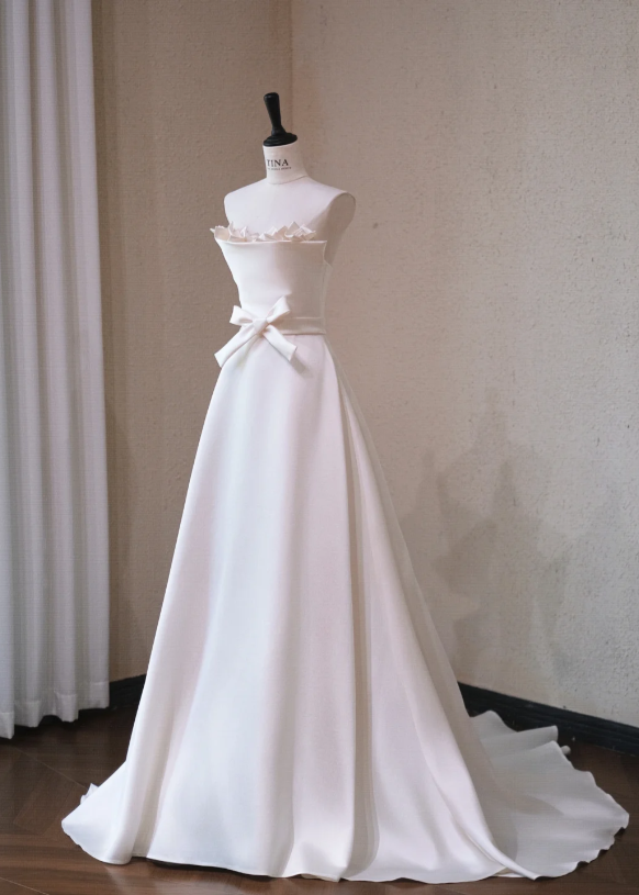 Gorgeous White Satin A-Line Ribbon Bow Strapless Long Wedding Dress TP5041
