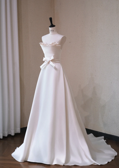 Gorgeous White Satin A-Line Ribbon Bow Strapless Long Wedding Dress TP5041