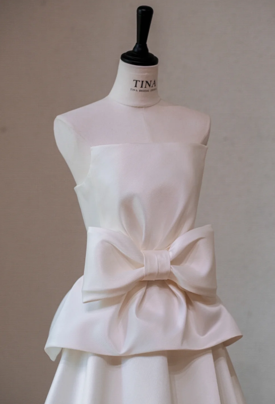 Gorgeous White Satin A-Line Bow Strapless Long Wedding Dress TP5042