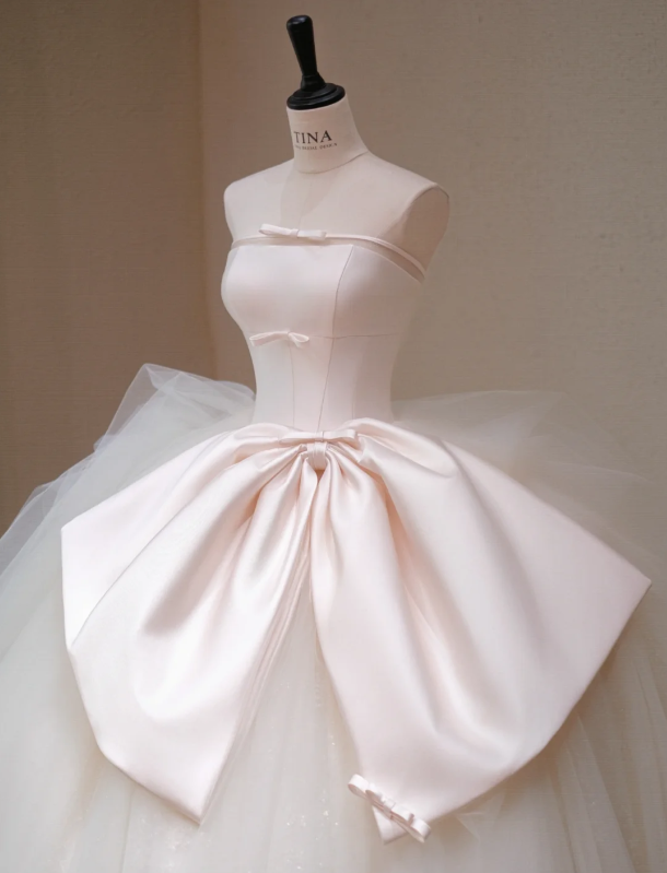 Gorgeous Strapless A-Line Bow Tulle Long Wedding Dress TP5043