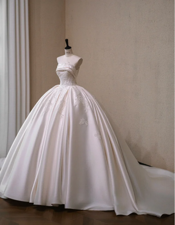 Gorgeous White Satin Applique A-Line Strapless Long Wedding Dress TP5045