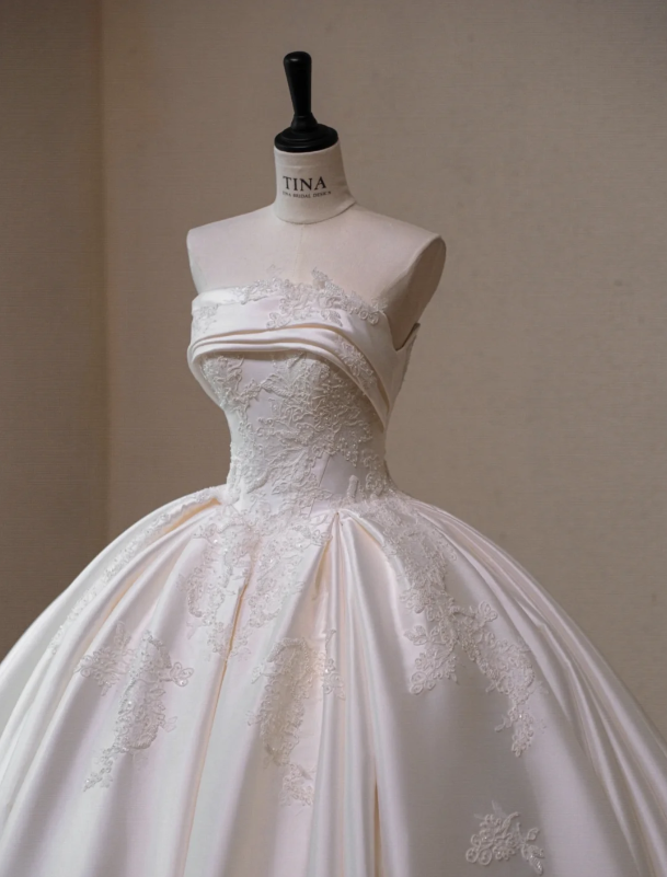 Gorgeous White Satin Applique A-Line Strapless Long Wedding Dress TP5045