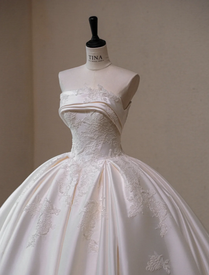 Gorgeous White Satin Applique A-Line Strapless Long Wedding Dress TP5045