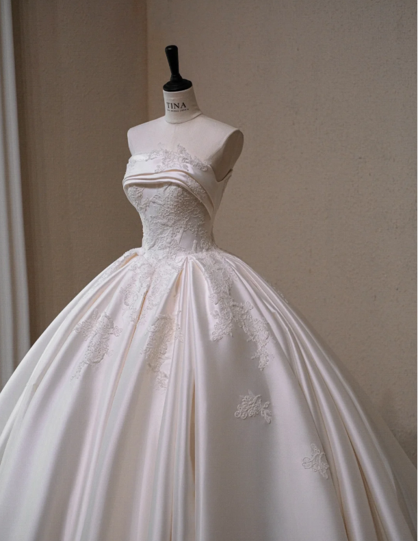 Gorgeous White Satin Applique A-Line Strapless Long Wedding Dress TP5045