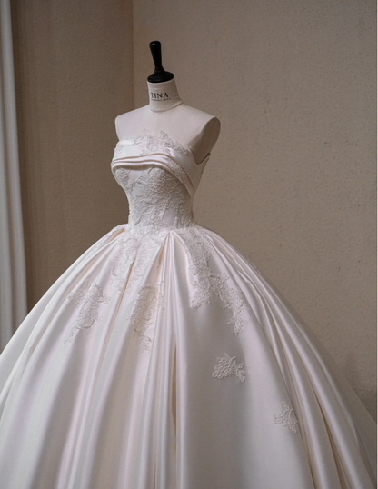 Gorgeous White Satin Applique A-Line Strapless Long Wedding Dress TP5045