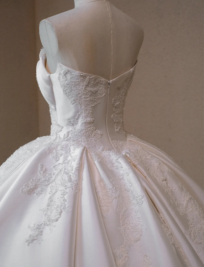 Gorgeous White Satin Applique A-Line Strapless Long Wedding Dress TP5045